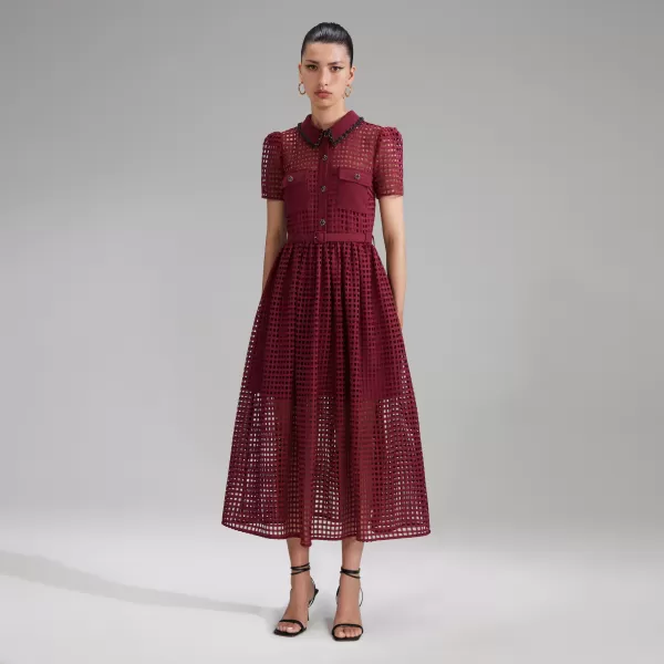 Dresses*Self-Portrait Burgundy Grid Lace Midi Dress