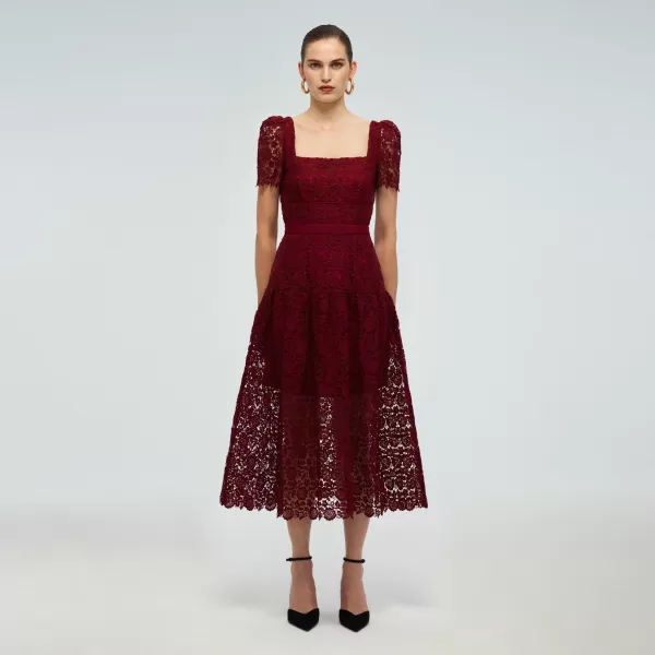 Dresses*Self-Portrait Burgundy Guipure Lace Midi Dress