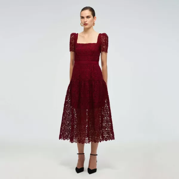 Dresses*Self-Portrait Burgundy Guipure Lace Midi Dress