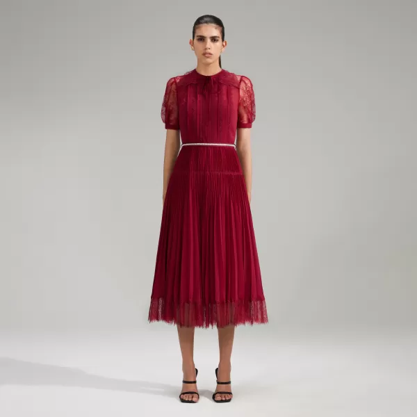 Dresses*Self-Portrait Burgundy Lace Trim Pleated Midi Dress