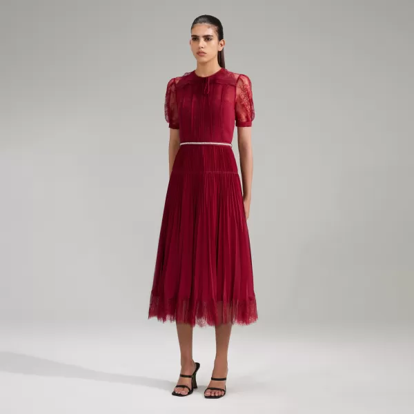 Dresses*Self-Portrait Burgundy Lace Trim Pleated Midi Dress