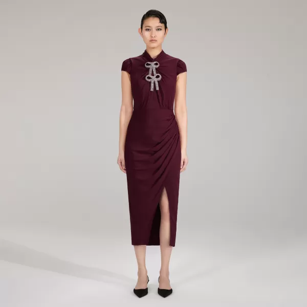 Dresses*Self-Portrait Burgundy Midi Stretch Crepe Dress Burgundy Midi Stretch Crepe Dress-Red