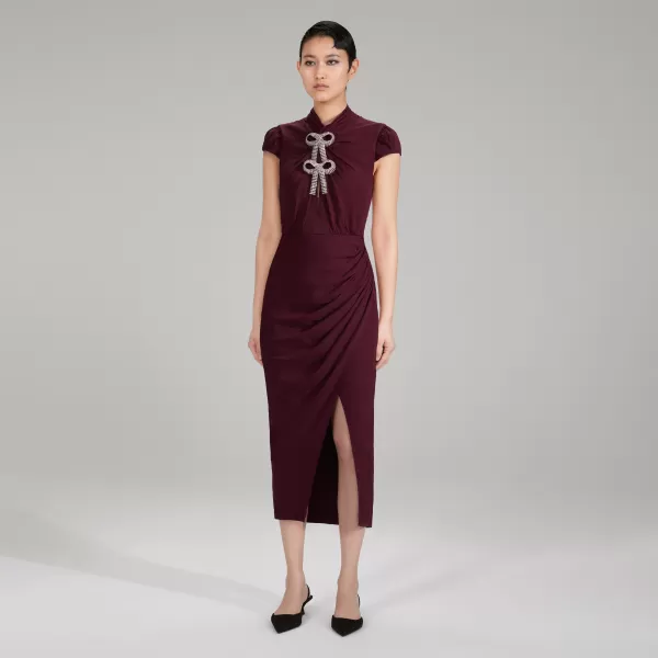 Dresses*Self-Portrait Burgundy Midi Stretch Crepe Dress Burgundy Midi Stretch Crepe Dress-Red