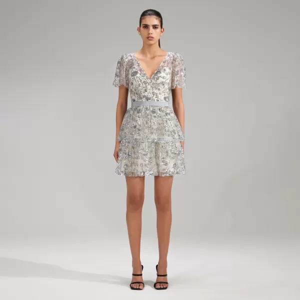 Dresses*Self-Portrait Champagne Sequinned Tiered Mini Dress