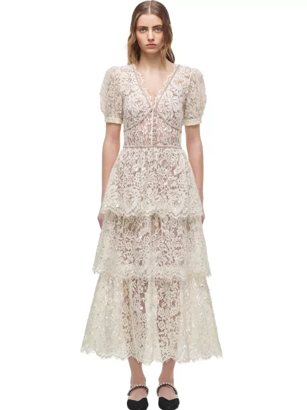 Dresses*Self-Portrait Cream Embellished Tiered Dress