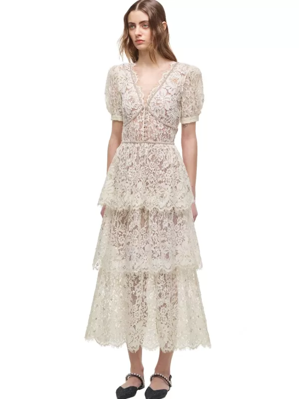 Dresses*Self-Portrait Cream Embellished Tiered Dress