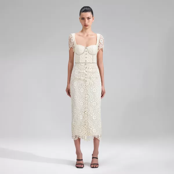 Dresses*Self-Portrait Cream Rose Lace Midi Dress