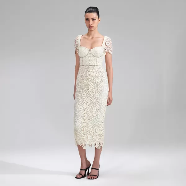 Dresses*Self-Portrait Cream Rose Lace Midi Dress