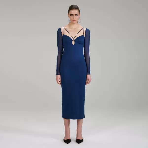 Dresses*Self-Portrait Dark Blue Jersey Crepe Midi Dress