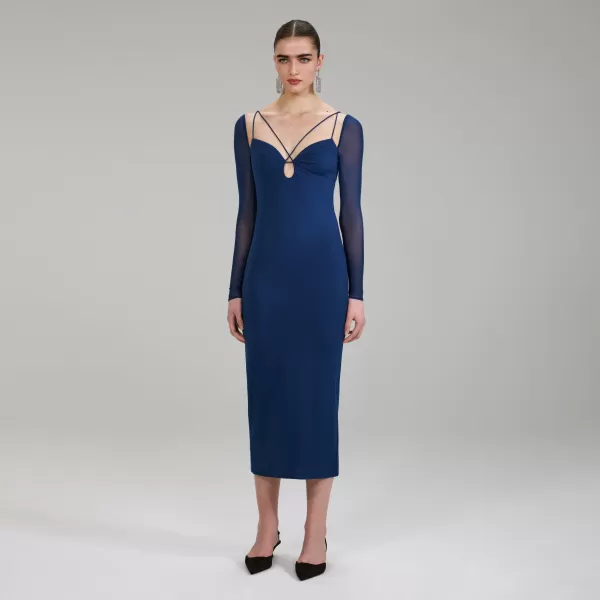 Dresses*Self-Portrait Dark Blue Jersey Crepe Midi Dress