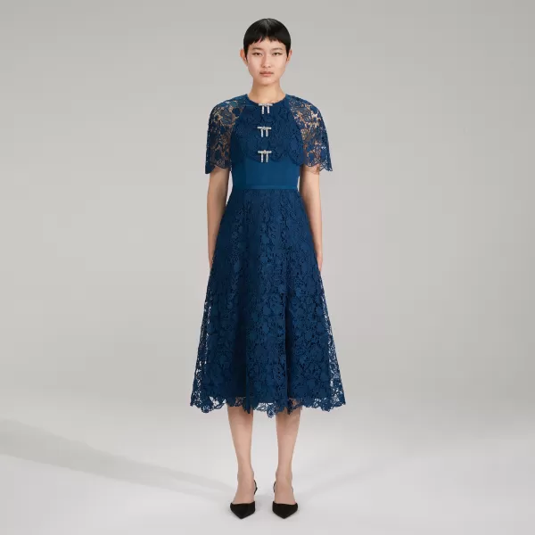 Dresses*Self-Portrait Dark Blue Magnolia Lace Midi Dress