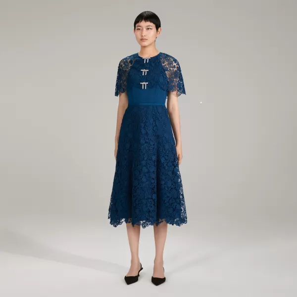 Dresses*Self-Portrait Dark Blue Magnolia Lace Midi Dress