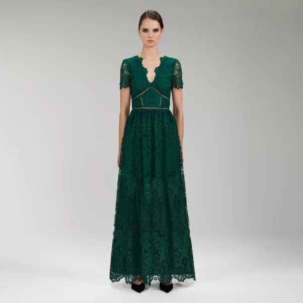 Dresses*Self-Portrait Dark Green Floral Guipure Maxi Dress