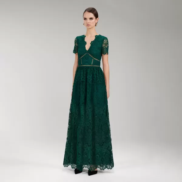 Dresses*Self-Portrait Dark Green Floral Guipure Maxi Dress