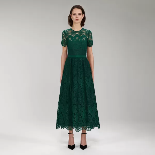 Dresses*Self-Portrait Dark Green Floral Guipure Midi Dress