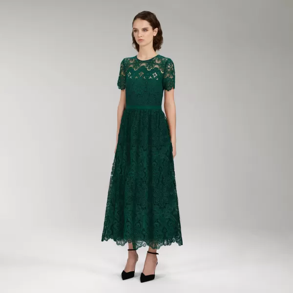 Dresses*Self-Portrait Dark Green Floral Guipure Midi Dress