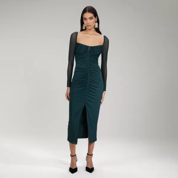 Dresses*Self-Portrait Dark Green Powermesh Ruched Midi Dress