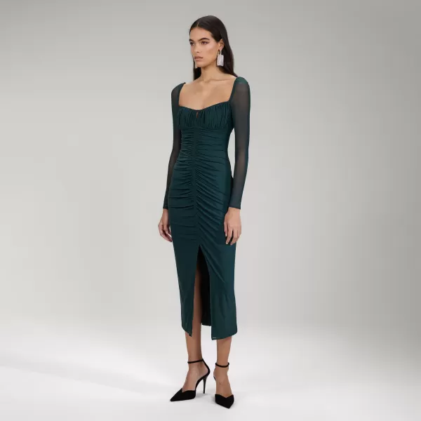 Dresses*Self-Portrait Dark Green Powermesh Ruched Midi Dress