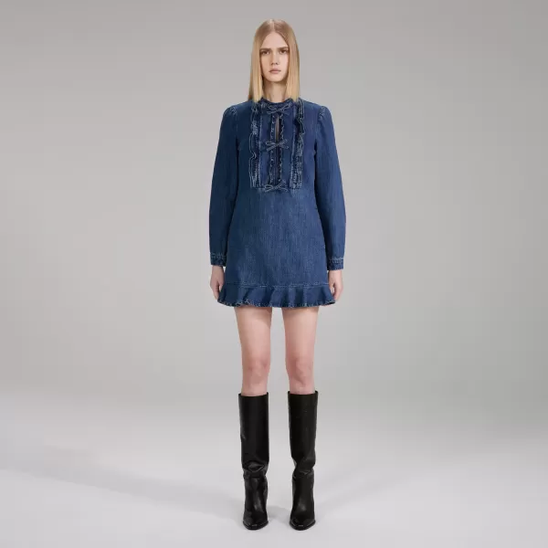 Dresses*Self-Portrait Dark Wash Denim Ruffle Dress