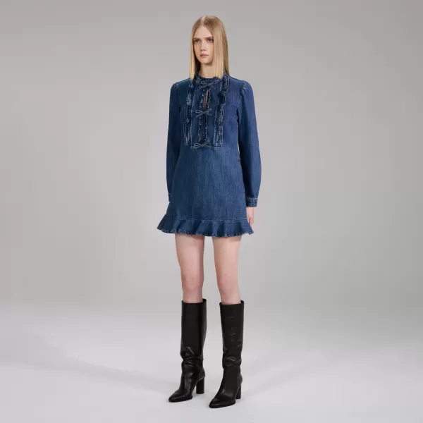 Dresses*Self-Portrait Dark Wash Denim Ruffle Dress