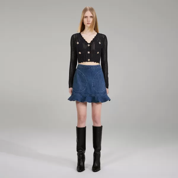 Bottoms*Self-Portrait Dark Wash Denim Ruffle Skirt