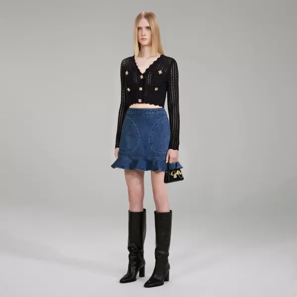 Bottoms*Self-Portrait Dark Wash Denim Ruffle Skirt