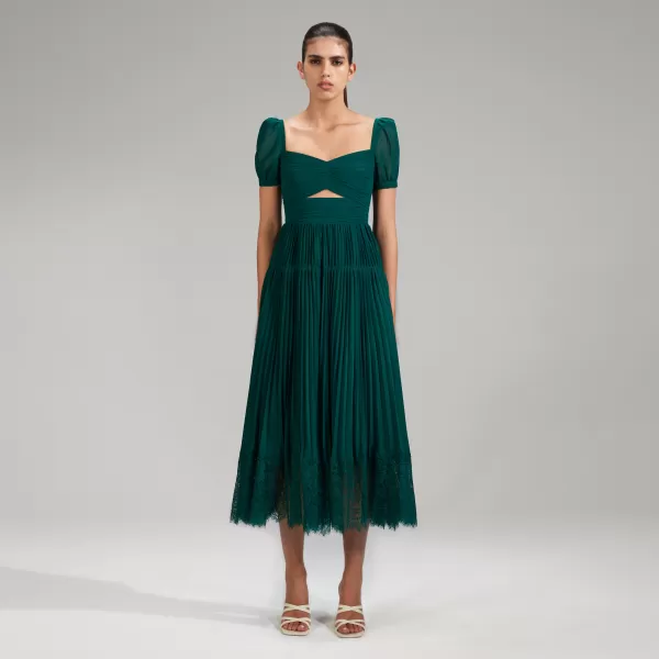 Dresses*Self-Portrait Deep Green Chiffon Midi Dress