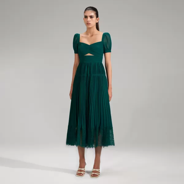 Dresses*Self-Portrait Deep Green Chiffon Midi Dress