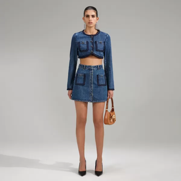 Bottoms*Self-Portrait Denim Mini Skirt With Braid Detail