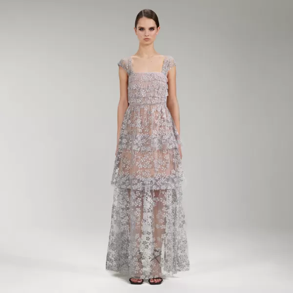 Dresses*Self-Portrait Embroidered Blossom Tiered Maxi Dress