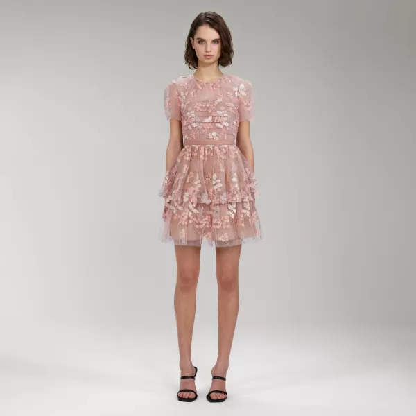 Dresses*Self-Portrait Flower Mesh Tiered Mini Dress