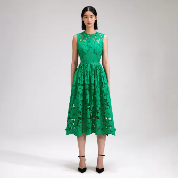 Dresses*Self-Portrait Green 3D Cotton Lace Midi Dress