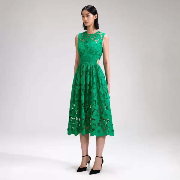 Dresses*Self-Portrait Green 3D Cotton Lace Midi Dress