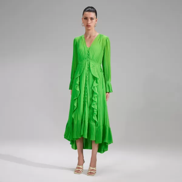 Dresses*Self-Portrait Green Chiffon Ruffle Midi Dress