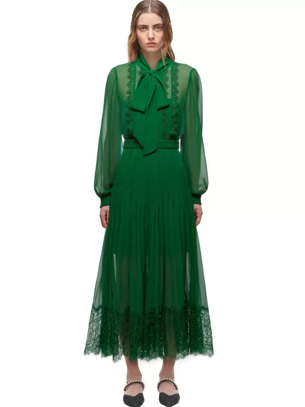 Dresses*Self-Portrait Green Chiffon Trimmed Dress