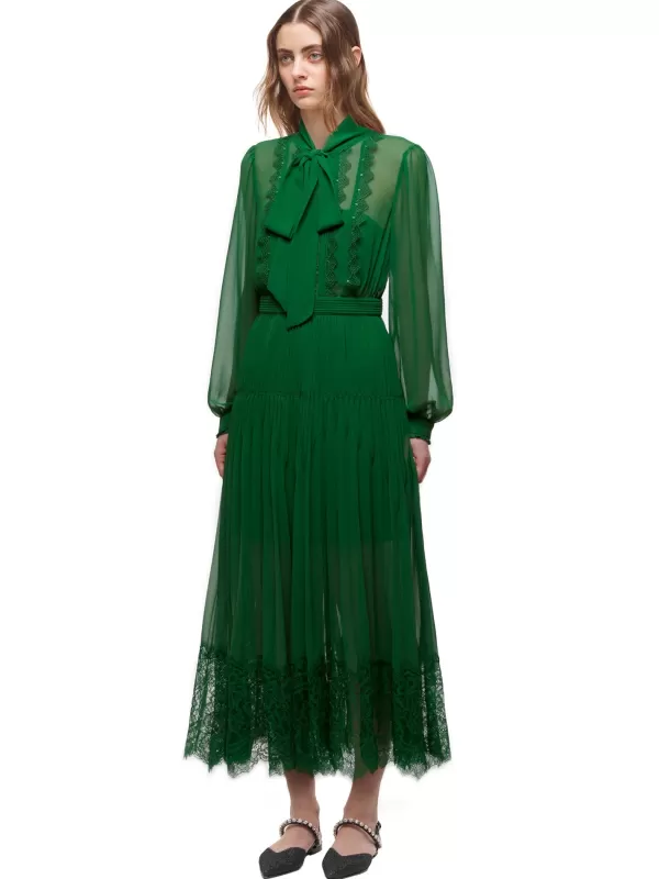 Dresses*Self-Portrait Green Chiffon Trimmed Dress