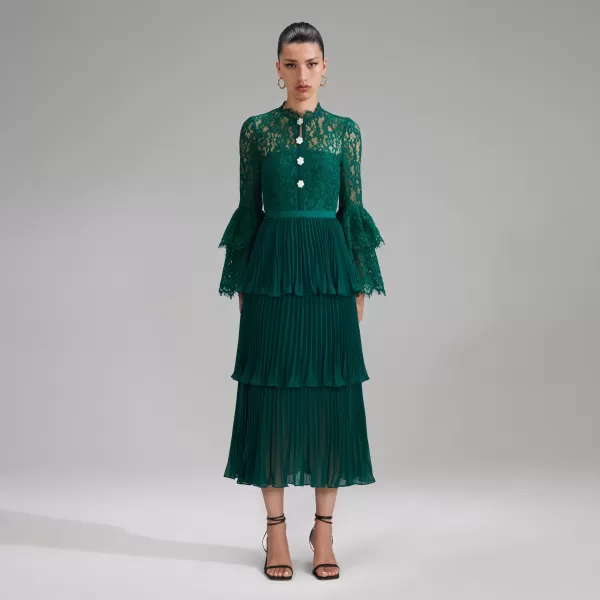 Dresses*Self-Portrait Green Cord Lace Tiered Midi Dress