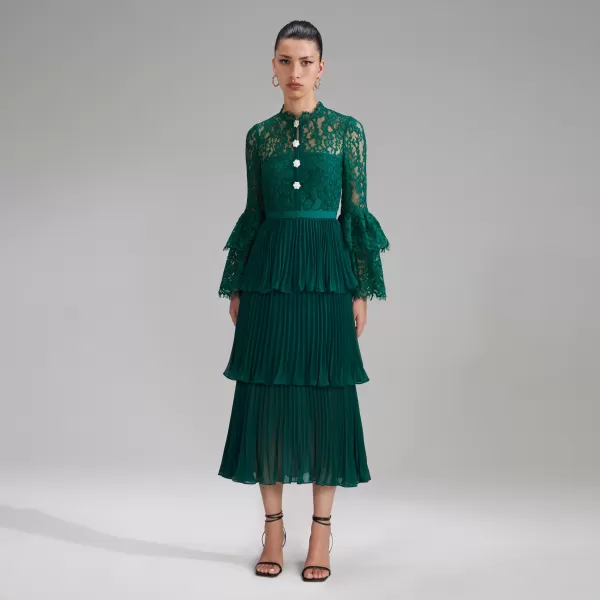 Dresses*Self-Portrait Green Cord Lace Tiered Midi Dress