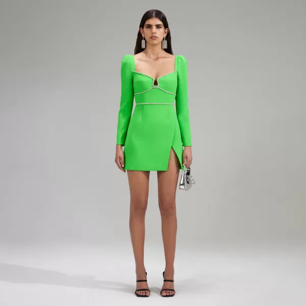 Dresses*Self-Portrait Green Crepe Rhinestone Detail Mini Dress Green Crepe Rhinestone Detail Mini Dress-Green