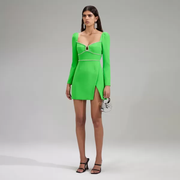 Dresses*Self-Portrait Green Crepe Rhinestone Detail Mini Dress Green Crepe Rhinestone Detail Mini Dress-Green