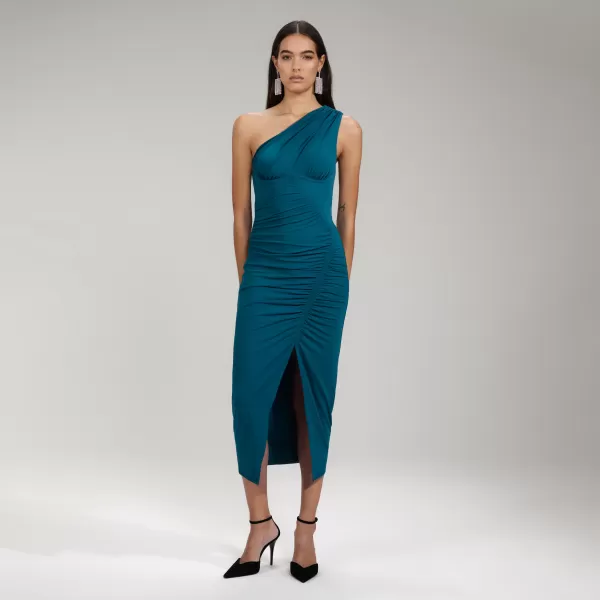 Dresses*Self-Portrait Green Jersey One Shoulder Ruched Midi Dress