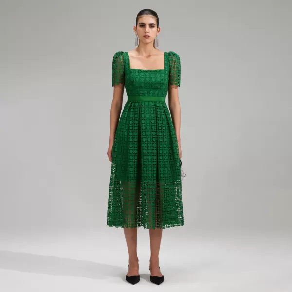 Dresses*Self-Portrait Green Petal Lace Midi Dress