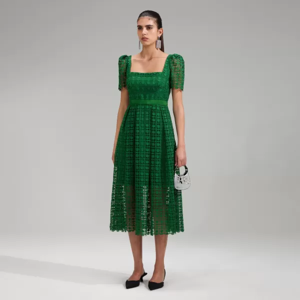 Dresses*Self-Portrait Green Petal Lace Midi Dress