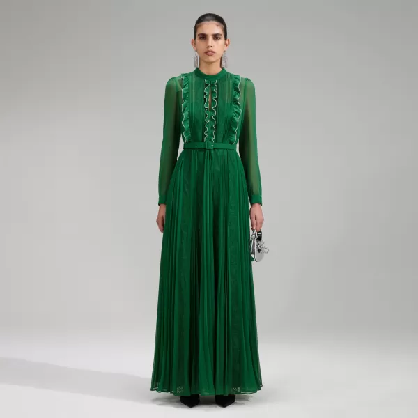 Dresses*Self-Portrait Green Pleated Rhinestone Detail Maxi Dress