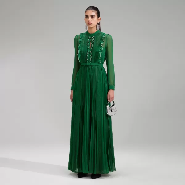 Dresses*Self-Portrait Green Pleated Rhinestone Detail Maxi Dress