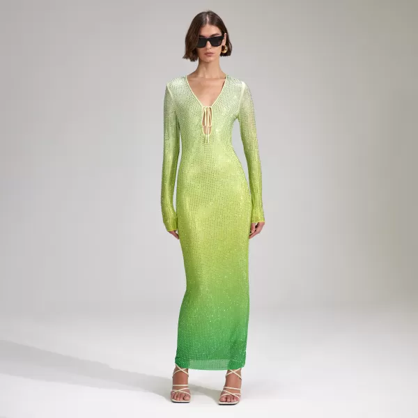 Dresses*Self-Portrait Green Rhinestone Mesh Keyhole Maxi Dress