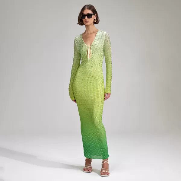 Dresses*Self-Portrait Green Rhinestone Mesh Keyhole Maxi Dress