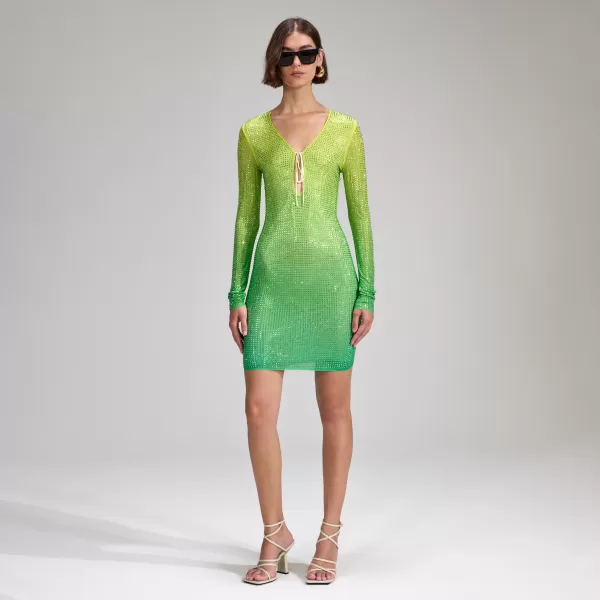 Dresses*Self-Portrait Green Rhinestone Mesh Keyhole Mini Dress