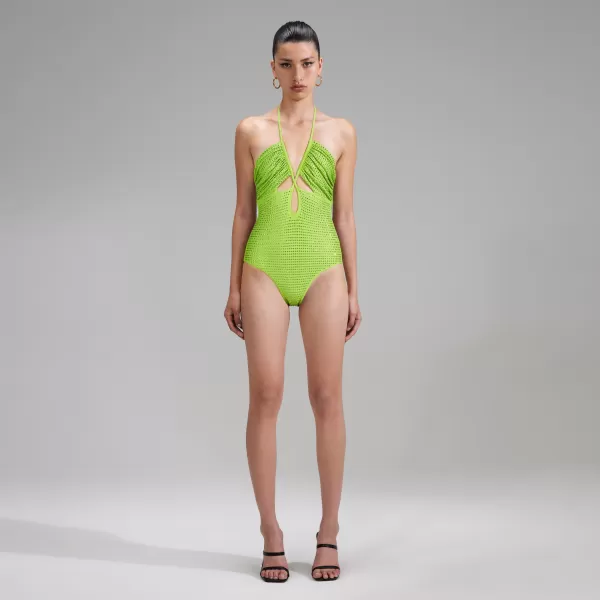 Swim & Resort*Self-Portrait Green Rhinestone Strappy Swimsuit