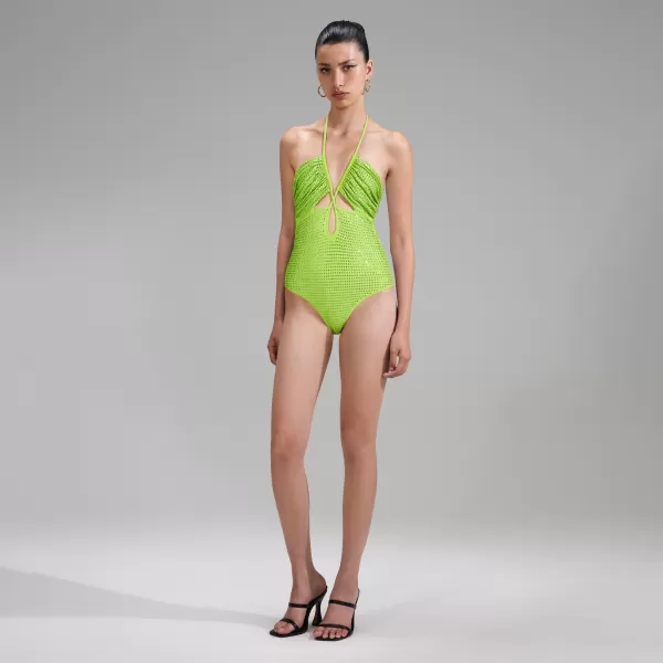 Swim & Resort*Self-Portrait Green Rhinestone Strappy Swimsuit